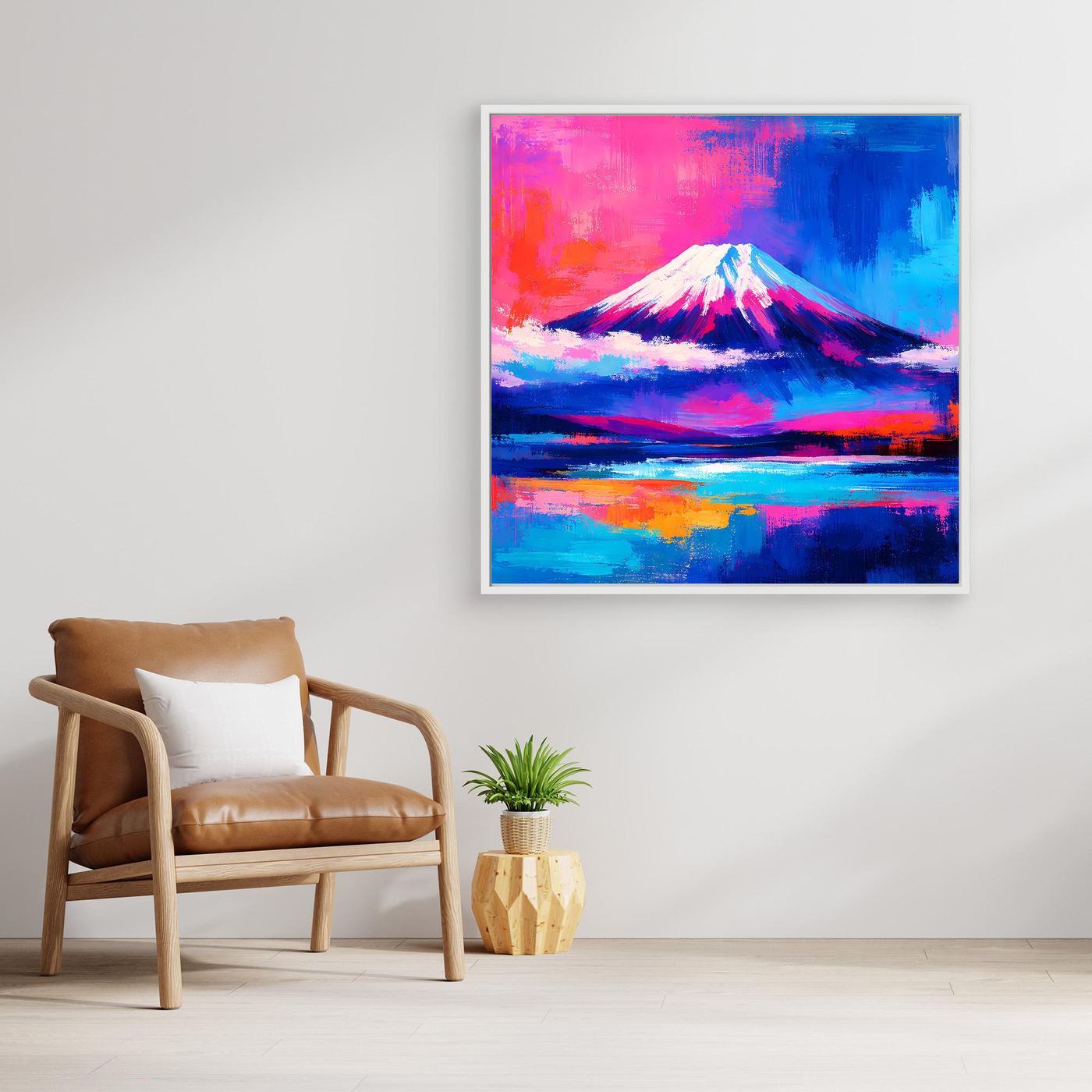 Leinwandbild Abstrakter Fuji bei Sonnenuntergang | Farbenfrohes Berg Wandbild auf echtem Holzkeilrahmen