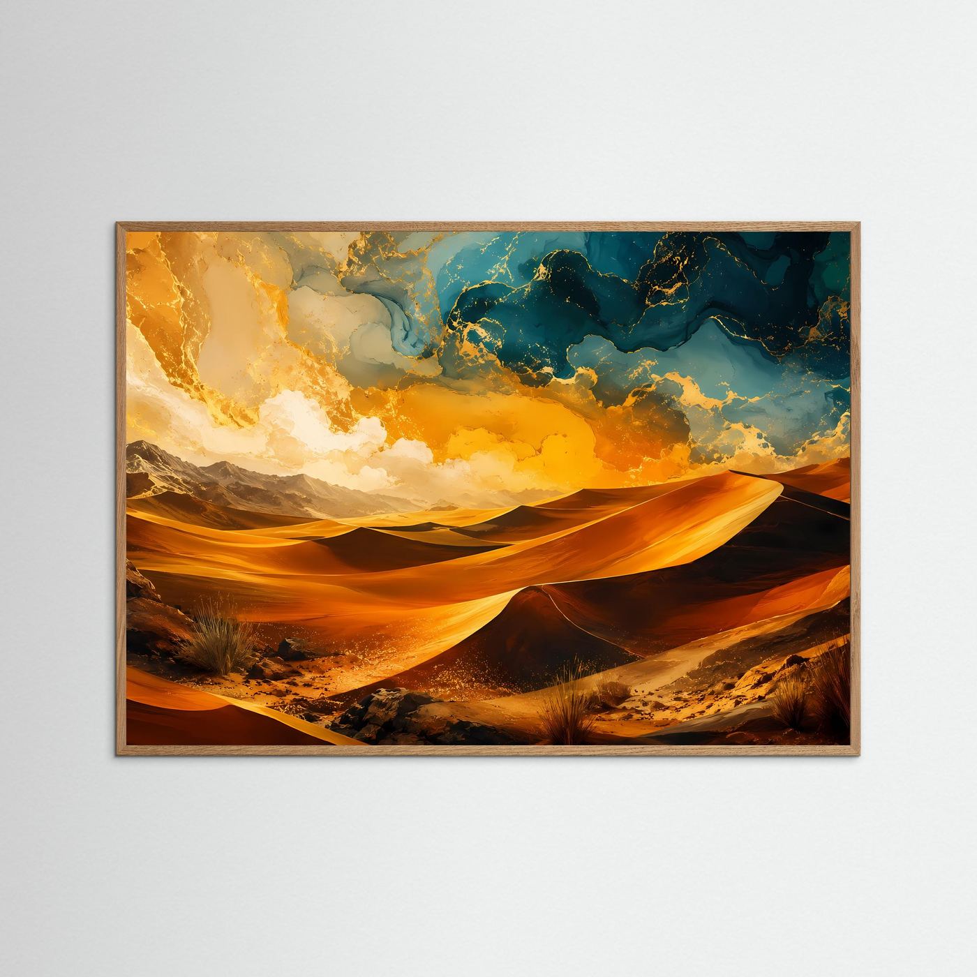 Wüstenlandschaft Poster | Abstrakte Wüste Wandbild | Gold Blau Landschaftskunst | Moderne Desert Wall Art