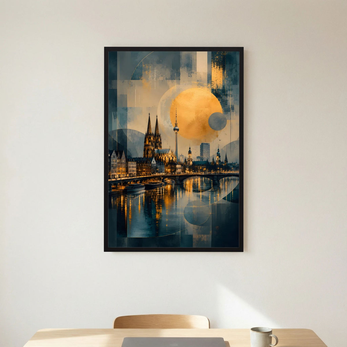 Hochformat-Poster Köln-Skyline mit Gold-Kreisen, schwarzer Rahmen, zentrierte Ansicht