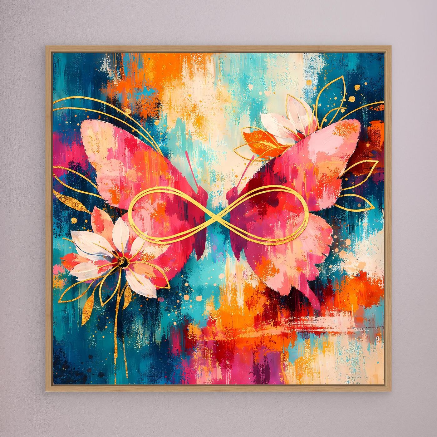 Abstraktes Leinwandbild mit Schmetterlingen, Blüten und Unendlichkeitszeichen, mit Holzrahmen.