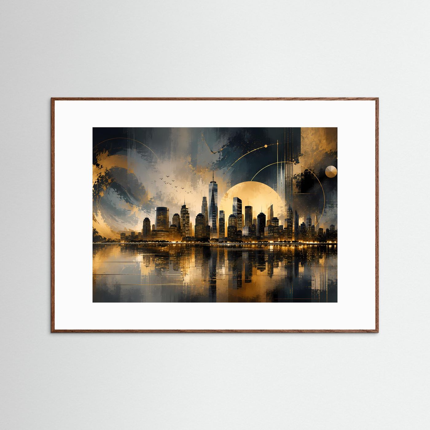 Querformat-Poster mit New-York-Skyline in Schwarz und Gold, goldene Sonne über Wasser, brauner Rahmen
