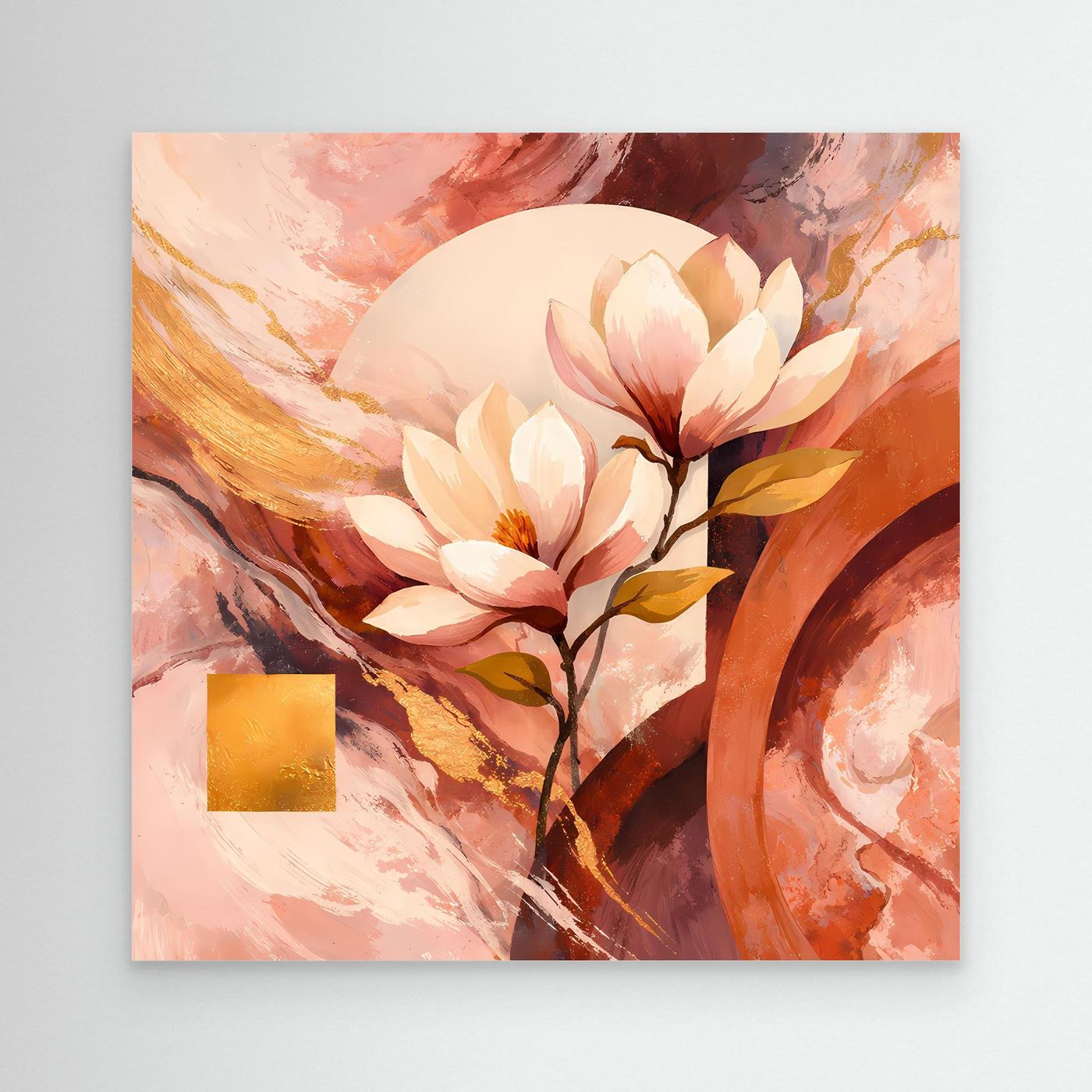 Florales Leinwandbild mit Magnolienblüten in Beige-Rosa und Goldakzenten