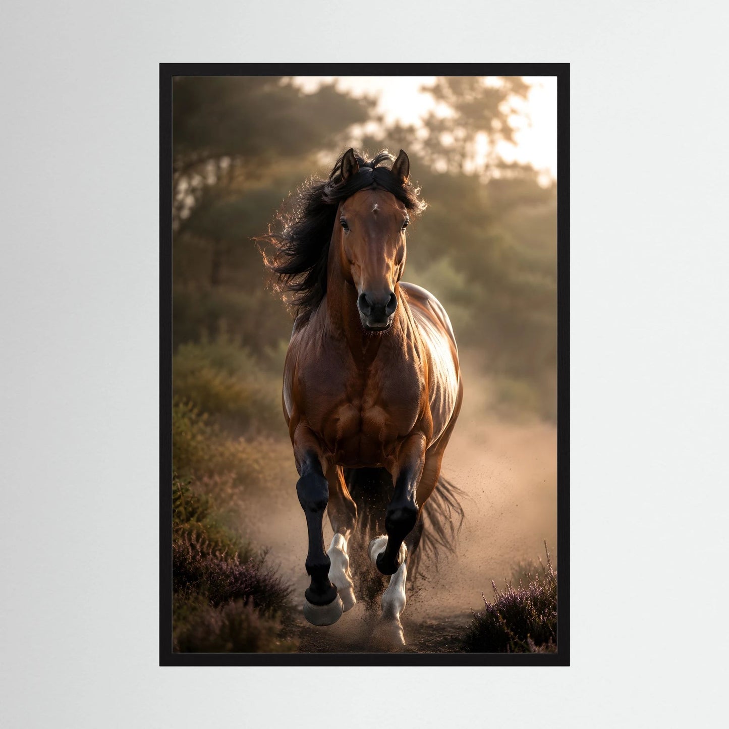 Hochformatiges Kunstposter: brauner Hengst im Galopp, schwarzer Rahmen