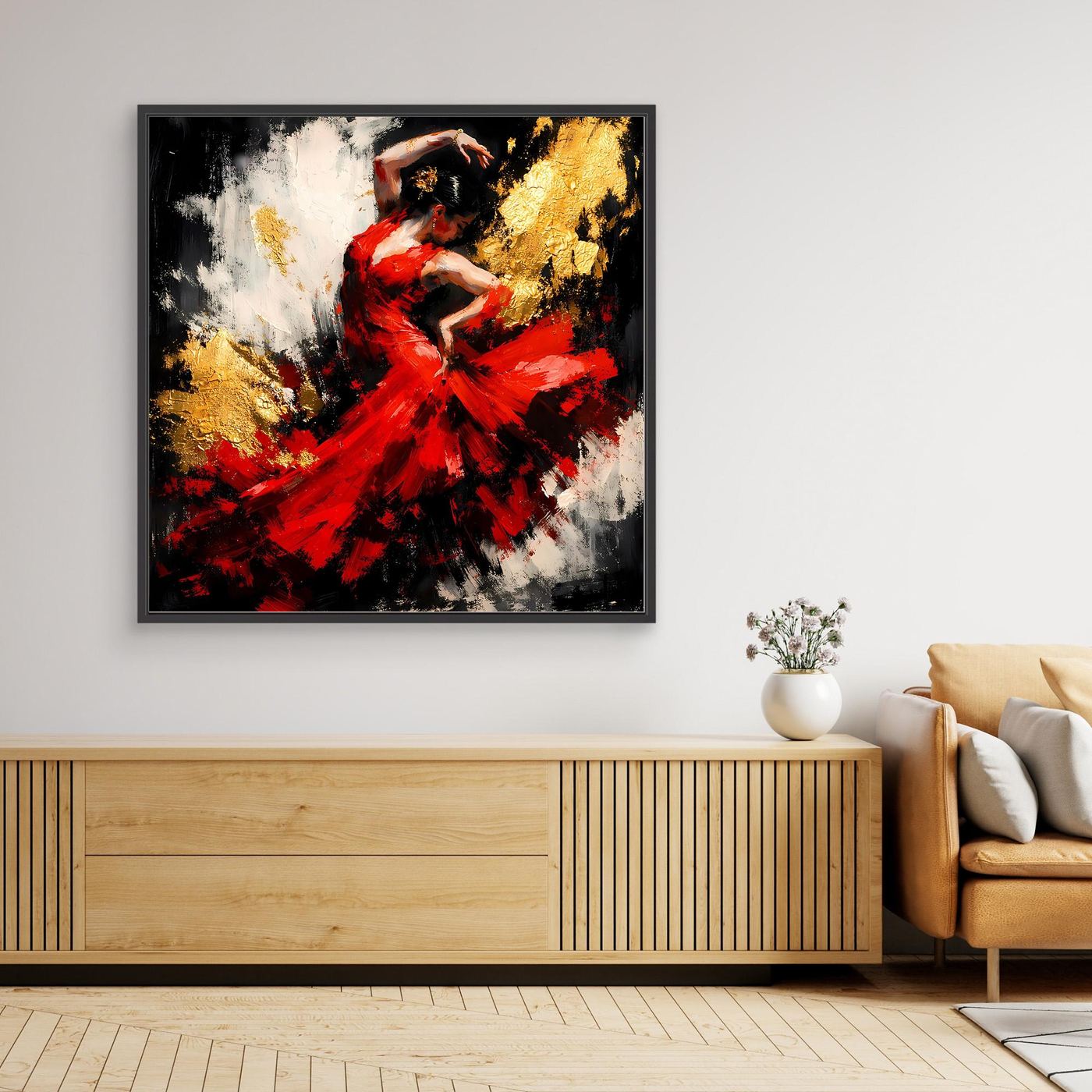 Leinwand Flamenco Tänzerin in Rot und Gold | Modernes Abstraktes Tanz Wandbild
