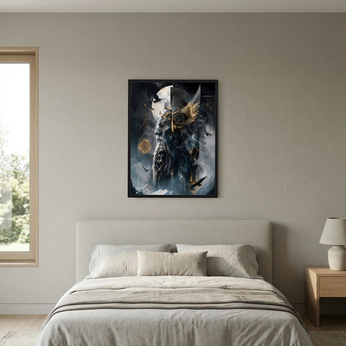 Hochformat-Poster im schwarzen Rahmen: düsteres Wolfswesen mit Flügeln und goldenen Emblemen