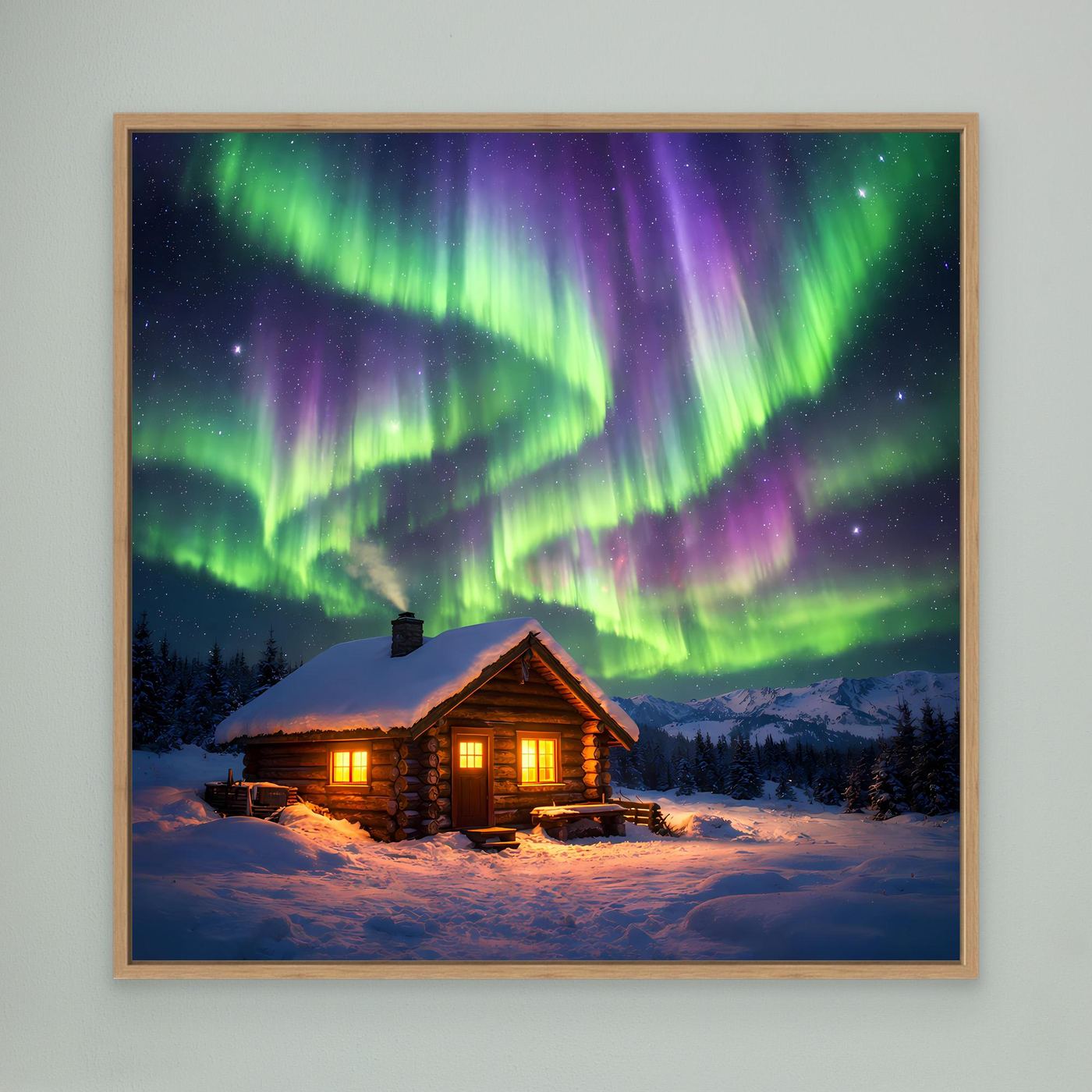 Leinwandbild mit Polarlichtern und Hütte im Winter, Eichenrahmen, warm beleuchtete Fassade