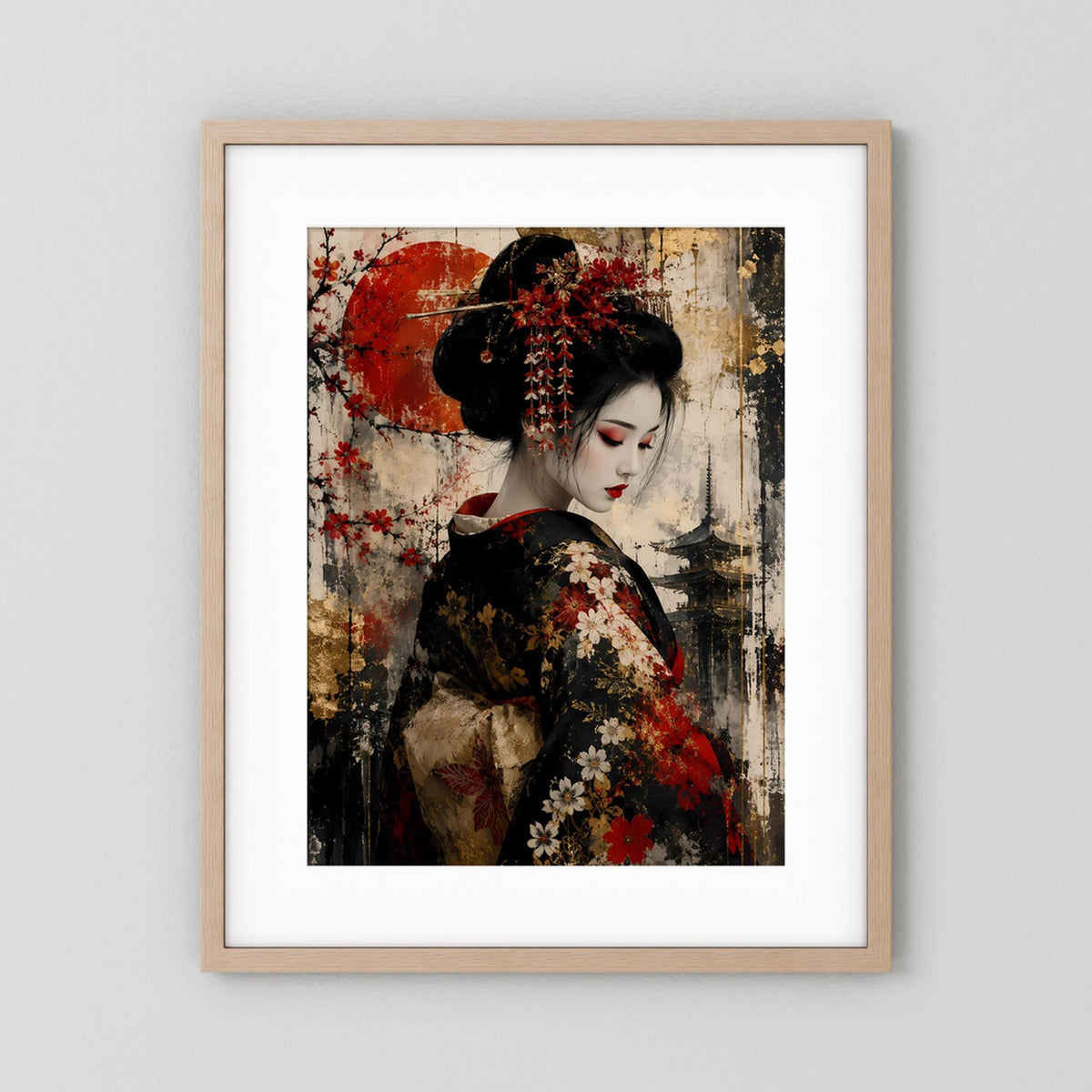Poster mit hellem Holzrahmen: Frau im schwarzen Kimono mit roten und weißen Blüten.