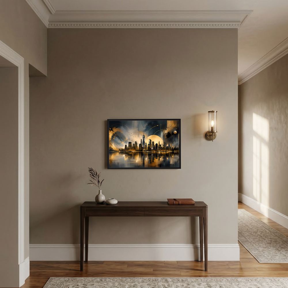 Querformatposter mit abstrakter Skyline in Schwarz und Gold, goldene Reflexionseffekte