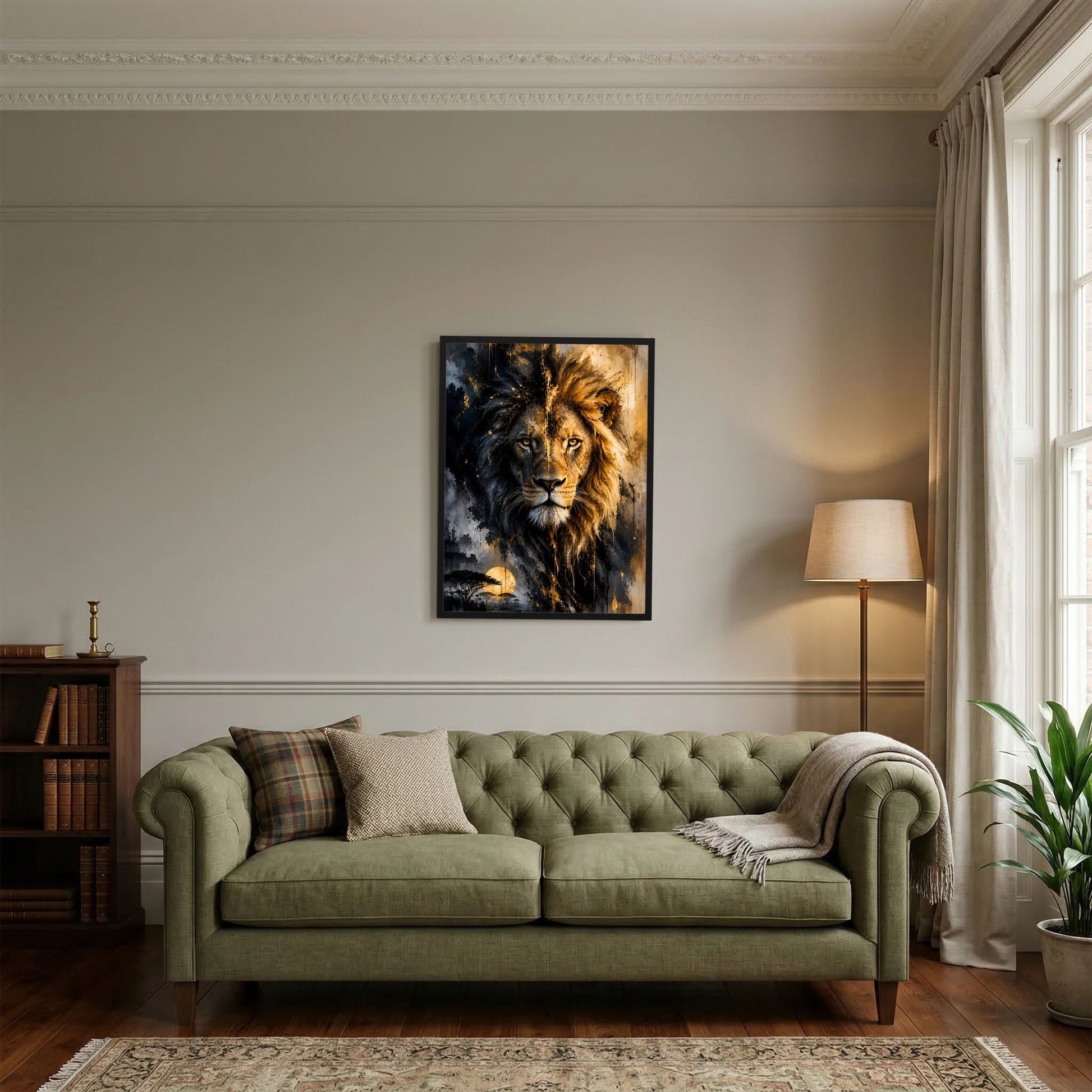 Löwenposter mit dunklem Löwenkopf und goldenen Akzenten im abstrakten Stil, gerahmt