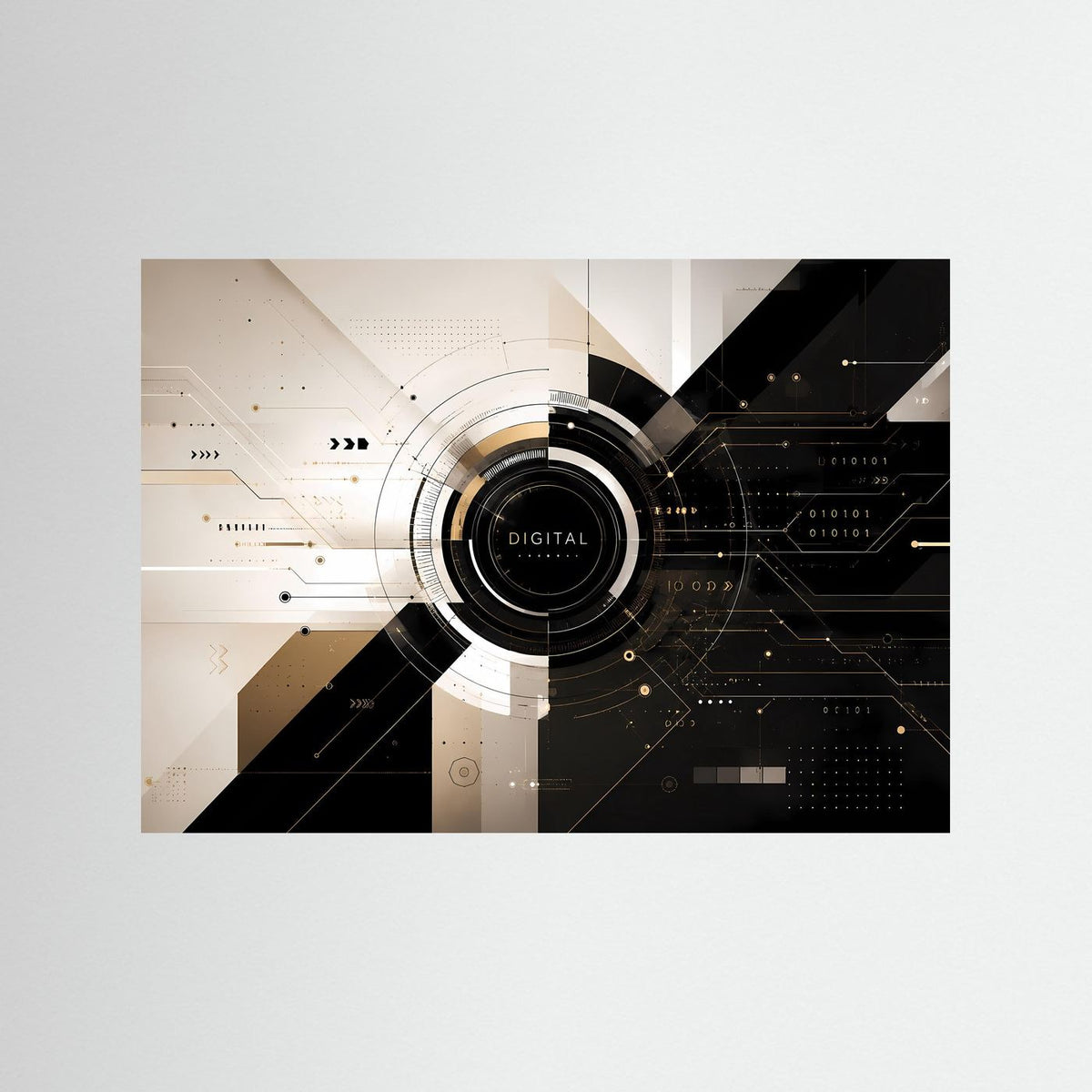 Abstraktes Tech-Poster im Querformat mit Digital-Emblem in Schwarz und Gold
