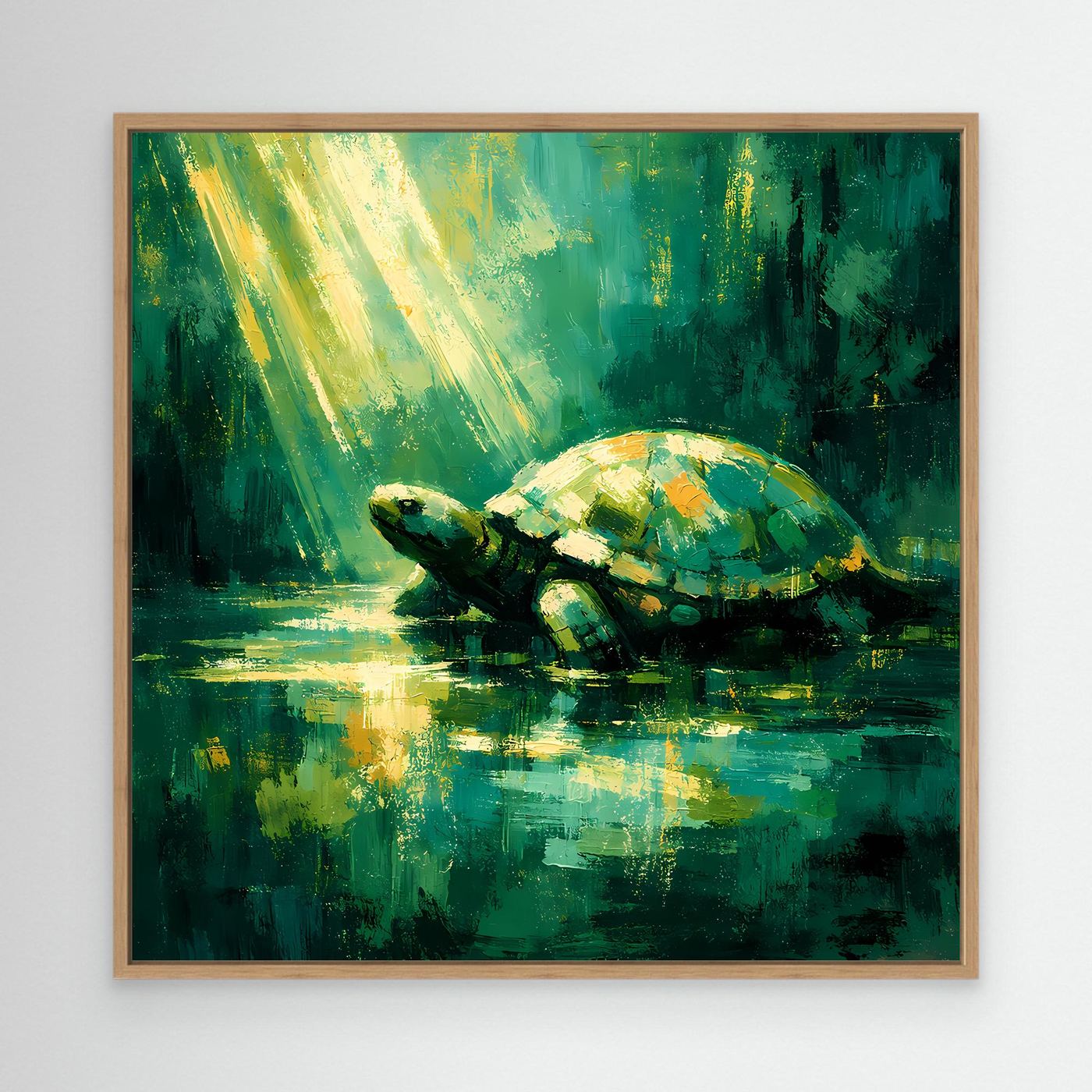 Leinwand Mystische Schildkröte im Lichtstrahl | Abstraktes Natur Wandbild Grün