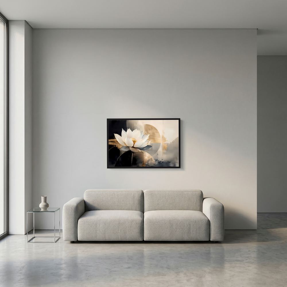 Kleines Querformat-Poster mit weißer Lotusblüte in Schwarz-Gold-Abstrakt, schwarzer Rahmen