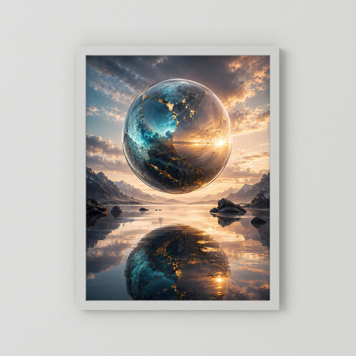 Hochformat-Poster mit schwebender Erdkugel in Blau und Gold, Spiegelung im Wasser, weißer Rahmen