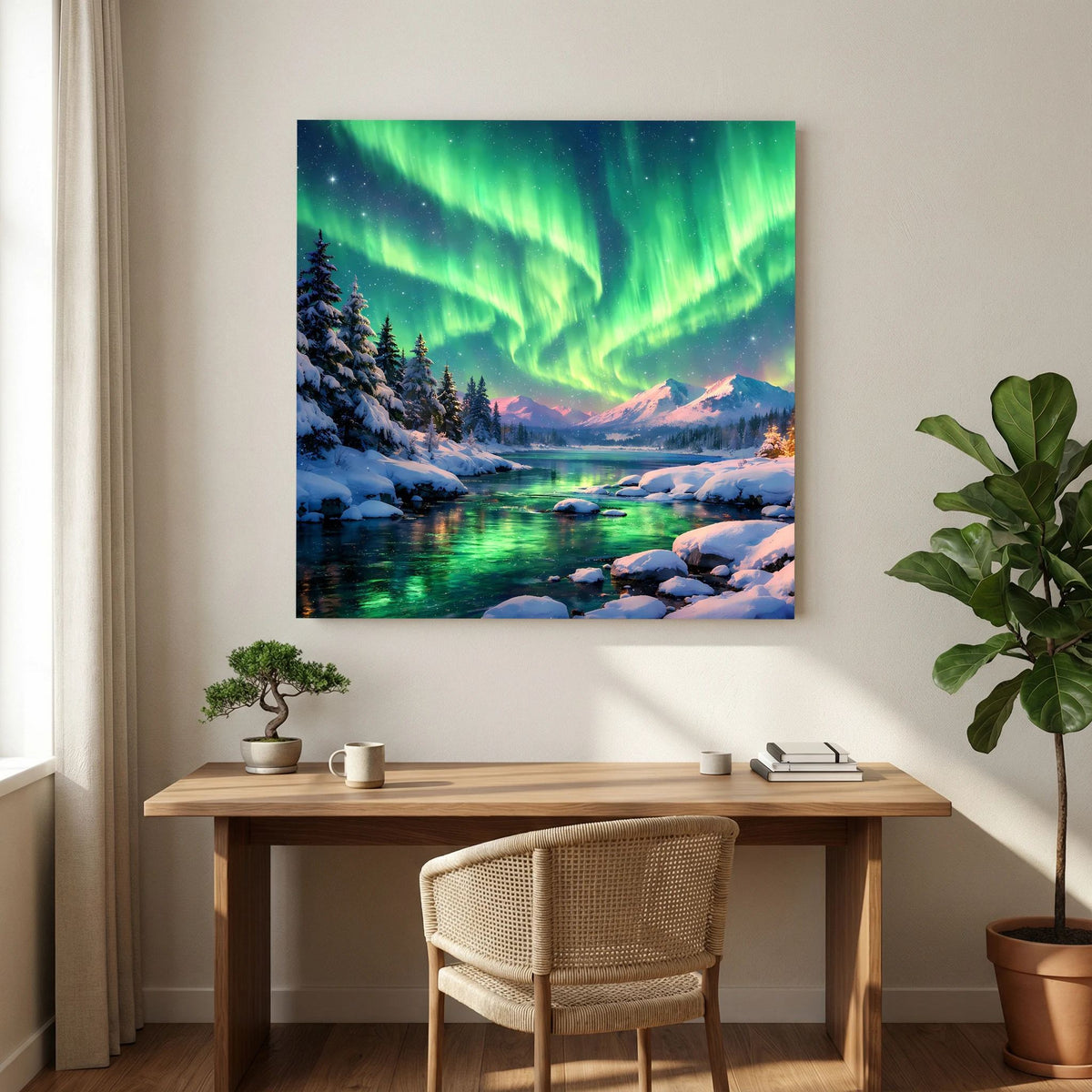 Leinwandbild mit Polarlichtschein über verschneitem Bachlauf und Tannen auf Holzkeilrahmen