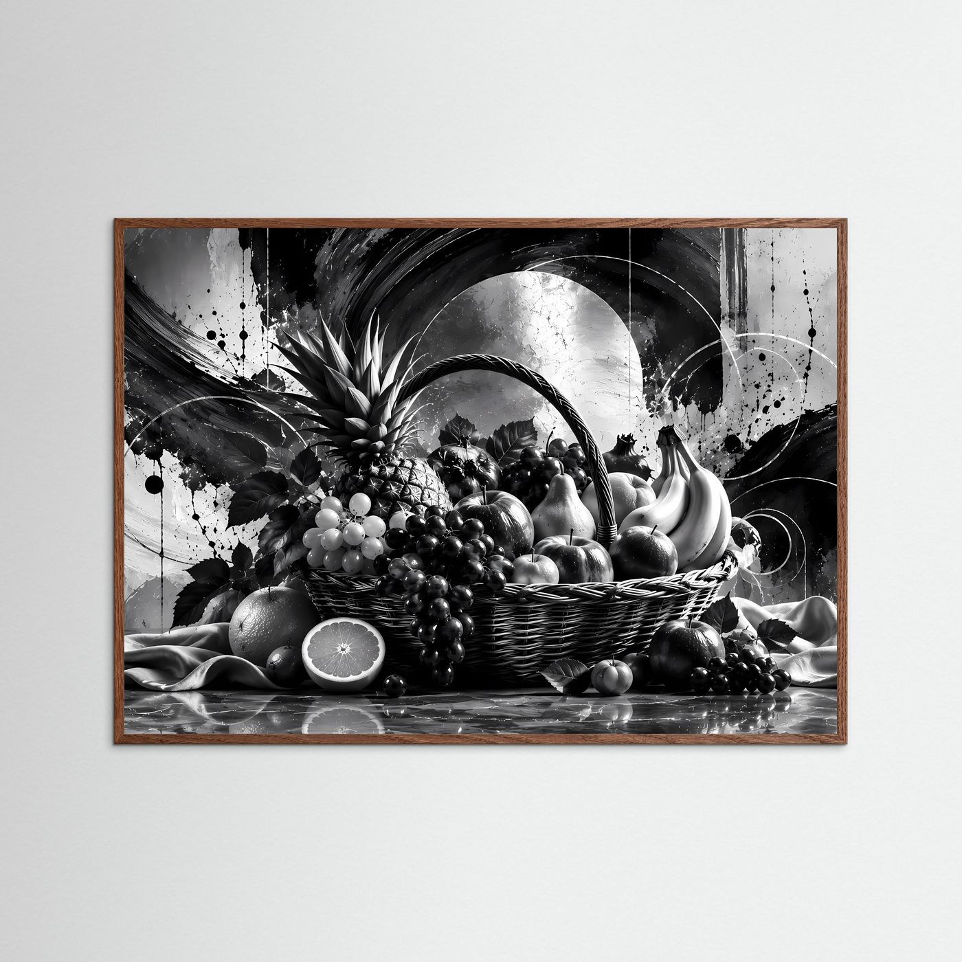 Schwarz-Weiß Obstkorb Poster | Modernes Stillleben Wandbild | Monochrome Früchte Kunst | Elegante Küchen Deko | Abstrakte Wall Art