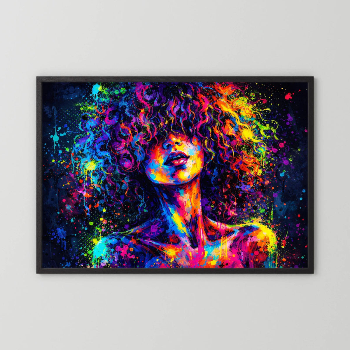 Poster der abstrakten Frauenbüste mit Neonfarben, im schwarzen Rahmen