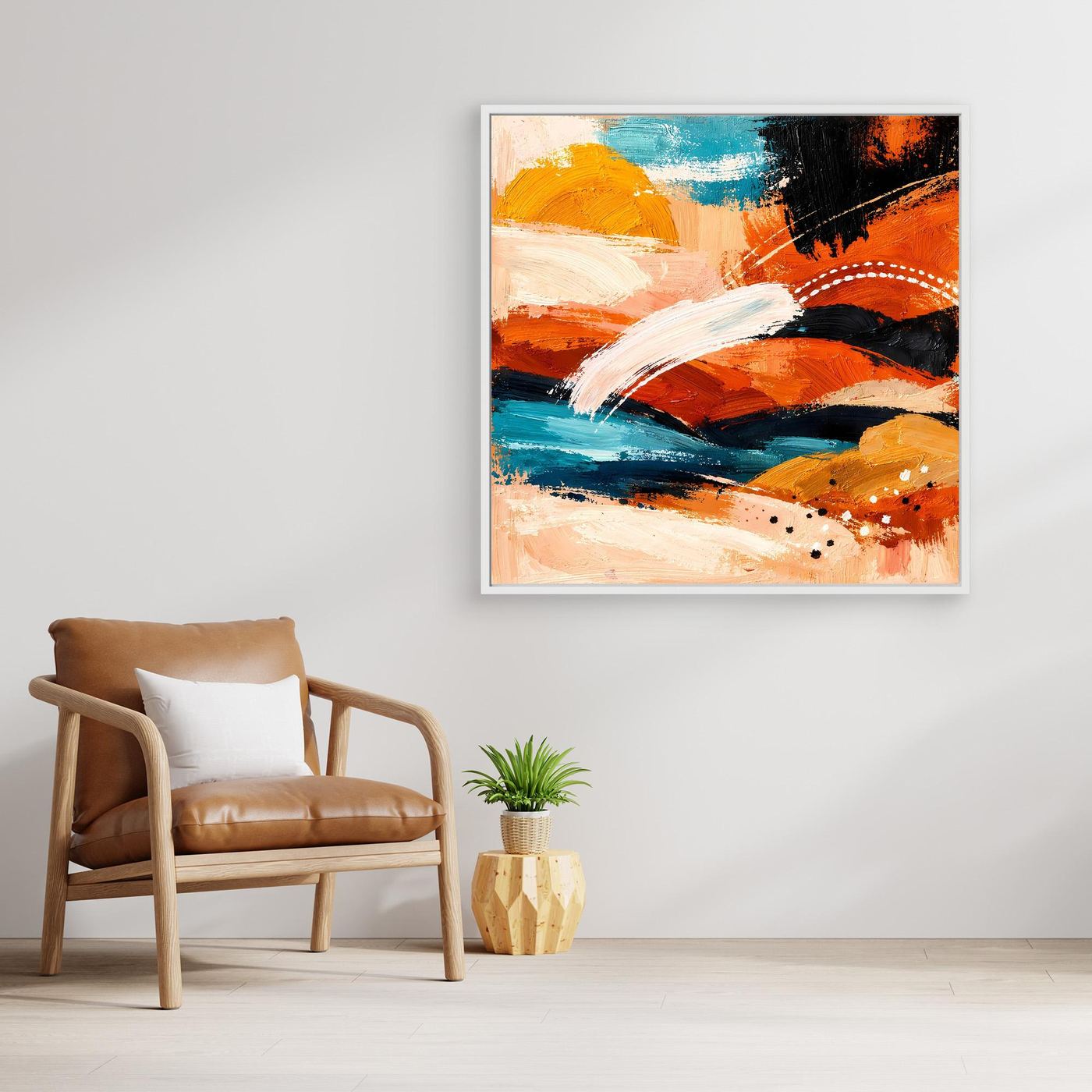 Light wood-framed abstract landscape wall art canvas with orange and turquoise arcs plus white highlights