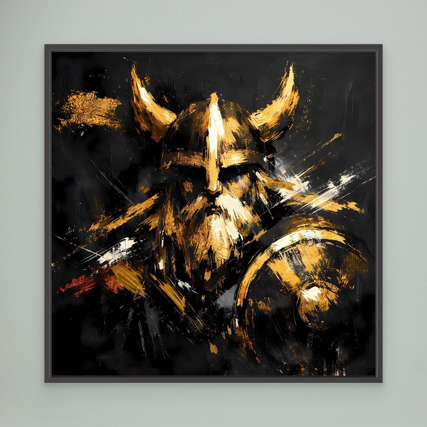 Leinwand Goldener Wikinger mit Schild | Abstraktes Nordmann Wandbild Modern