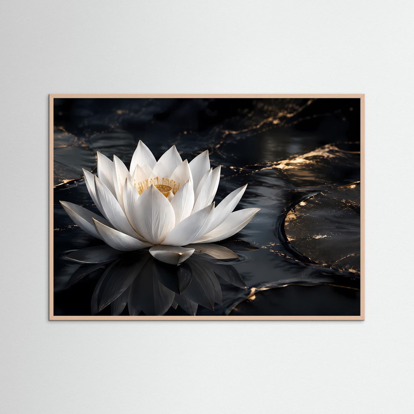 Lotus-Wandbild mit weißer Blüte auf dunklem Wasser und goldenen Linien, brauner Holzrahmen