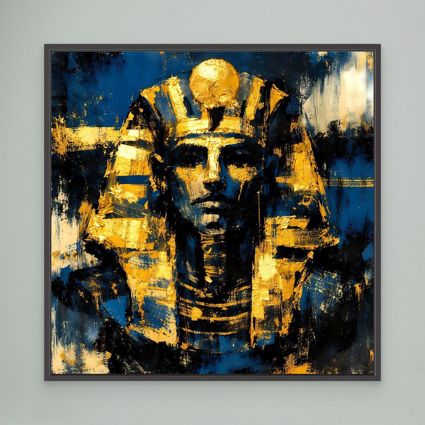 Ägyptisches Wandbild mit Pharao-Maske, goldene Akzente, schwarzer Rahmen