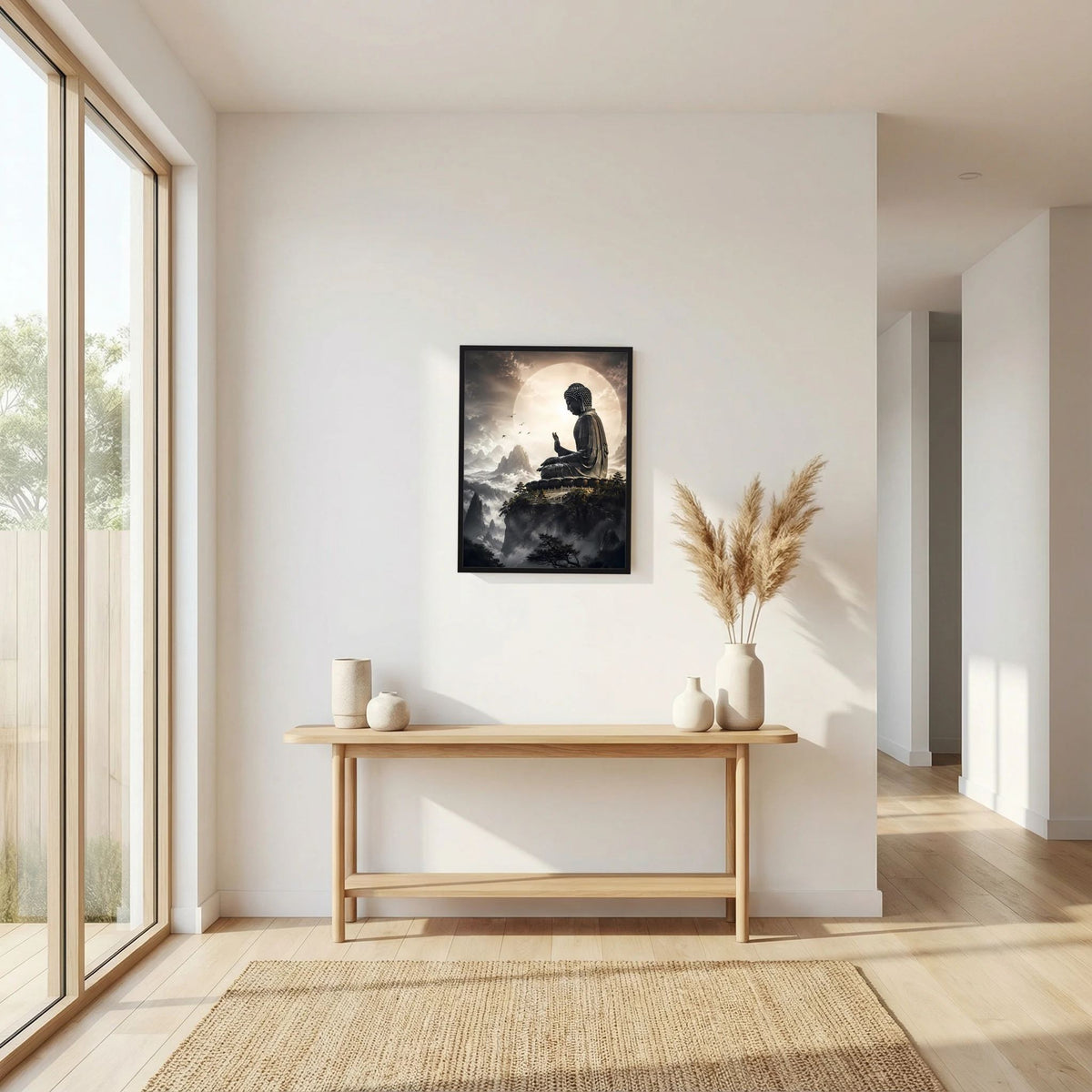 Poster mit sitzendem Buddha über Wolken, schwarz gerahmt, Hochformat