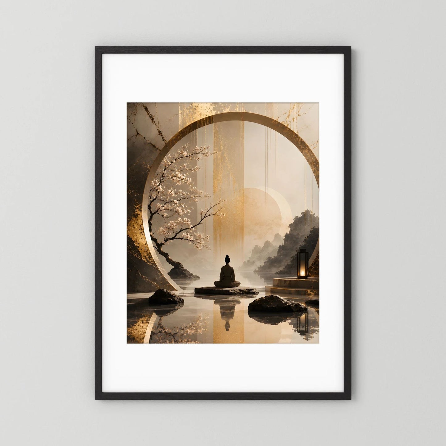 Zen-Kunstposter im goldenen Kreis mit sitzender Figur, Kirschblüten in Beige, schwarzer Rahmen