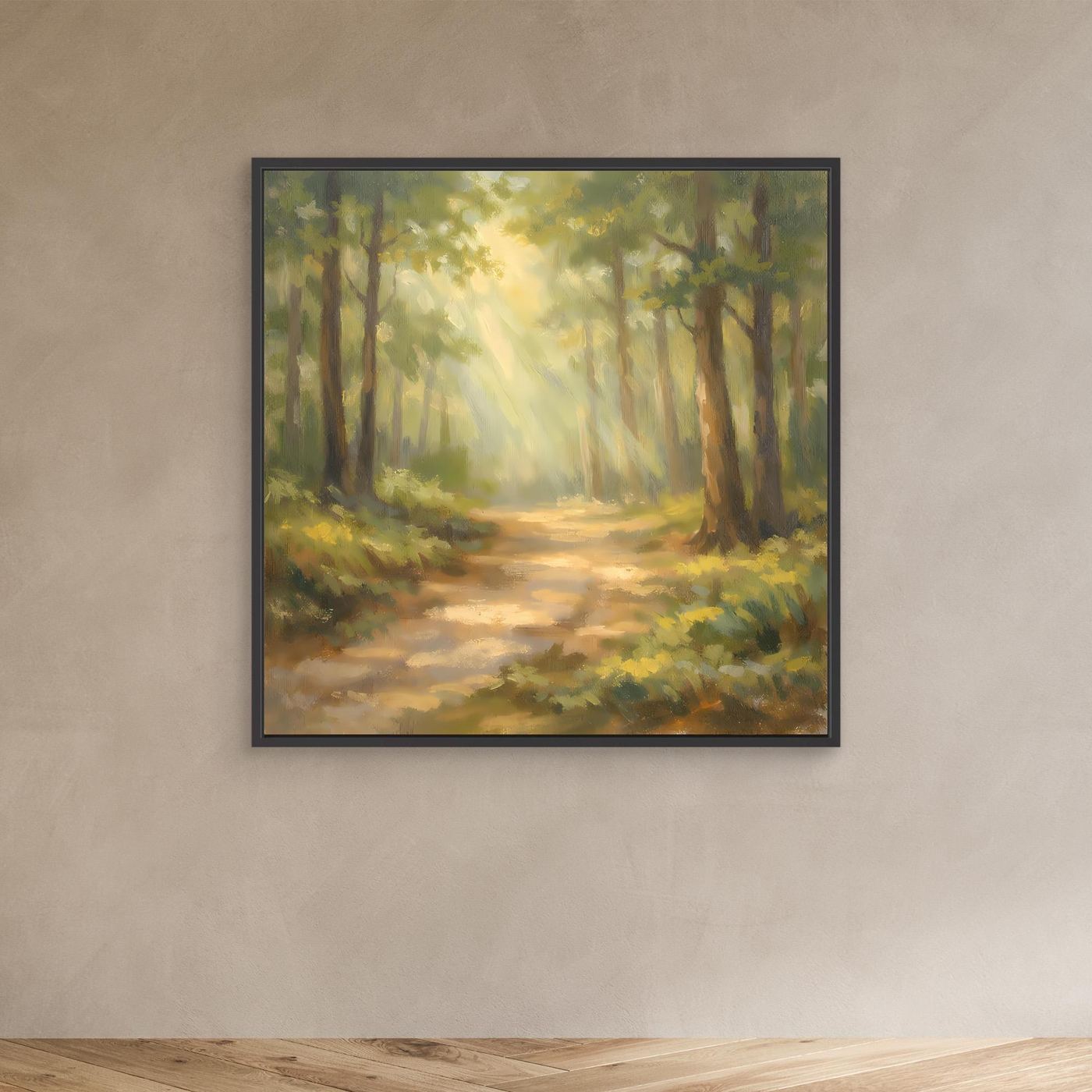 Leinwandbild Waldweg mit Sonnenstrahlen, schwarzer Umrahmung