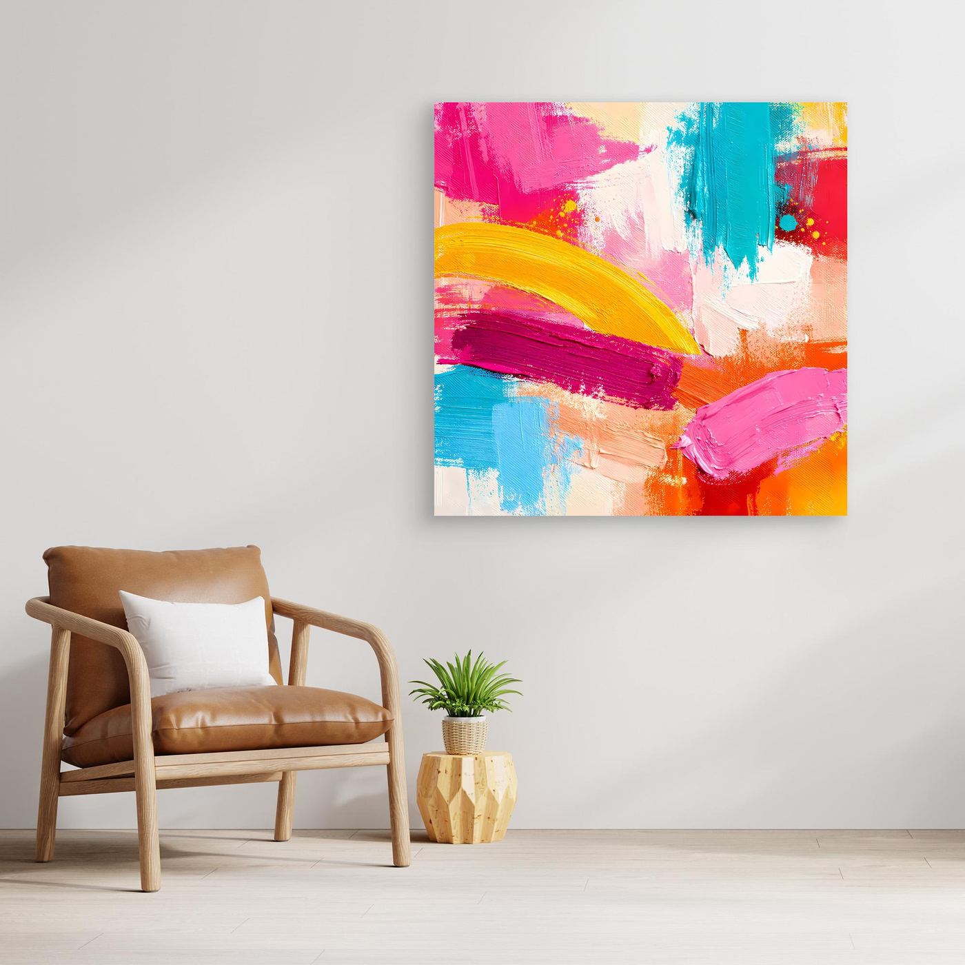 Abstract pastel pop art wall canvas with pink teal yellow orange and white paint accents