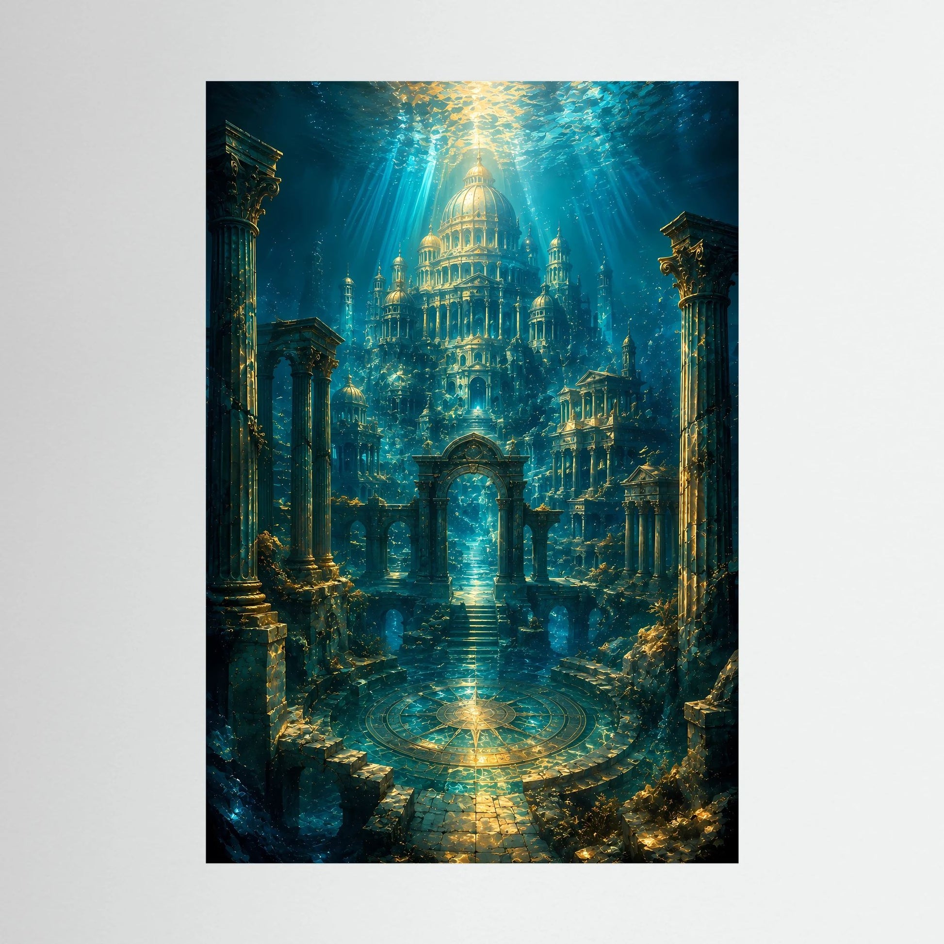 Hochformatiges Unterwasser-Tempelposter mit goldener Kuppel und türkisfarbenen Säulen