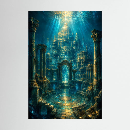 Hochformatiges Unterwasser-Tempelposter mit goldener Kuppel und türkisfarbenen Säulen