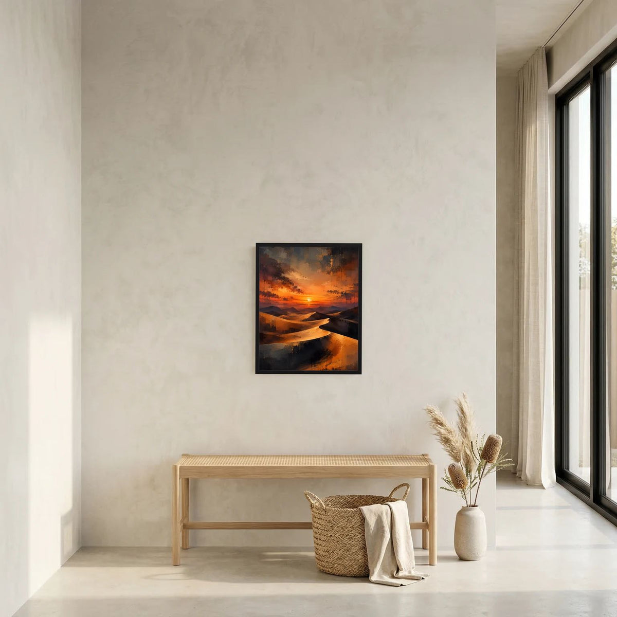 Gerahmtes Hochformat-Wüstenposter mit Sanddünen und orangefarbenem Sonnenuntergang