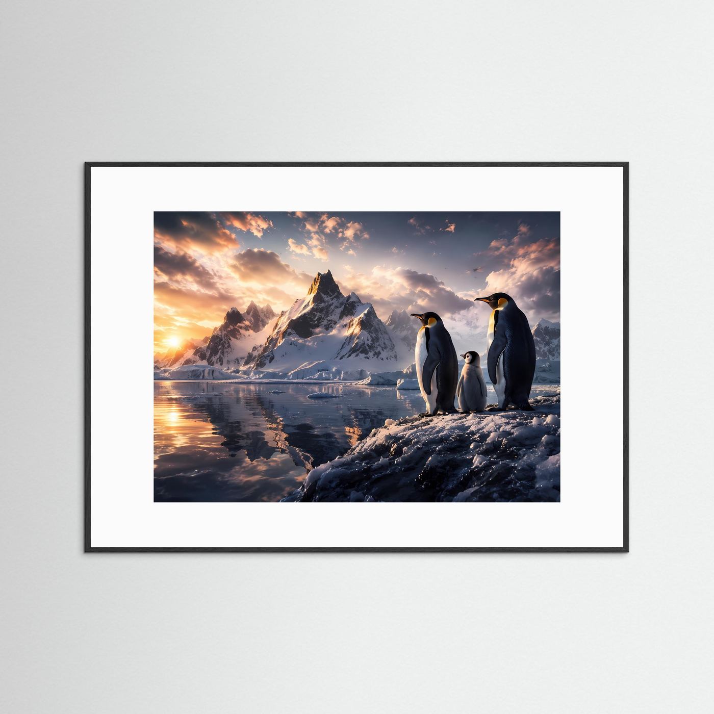 Pinguinfamilie in der Antarktis bei Sonnenuntergang | Natur & Tier Poster