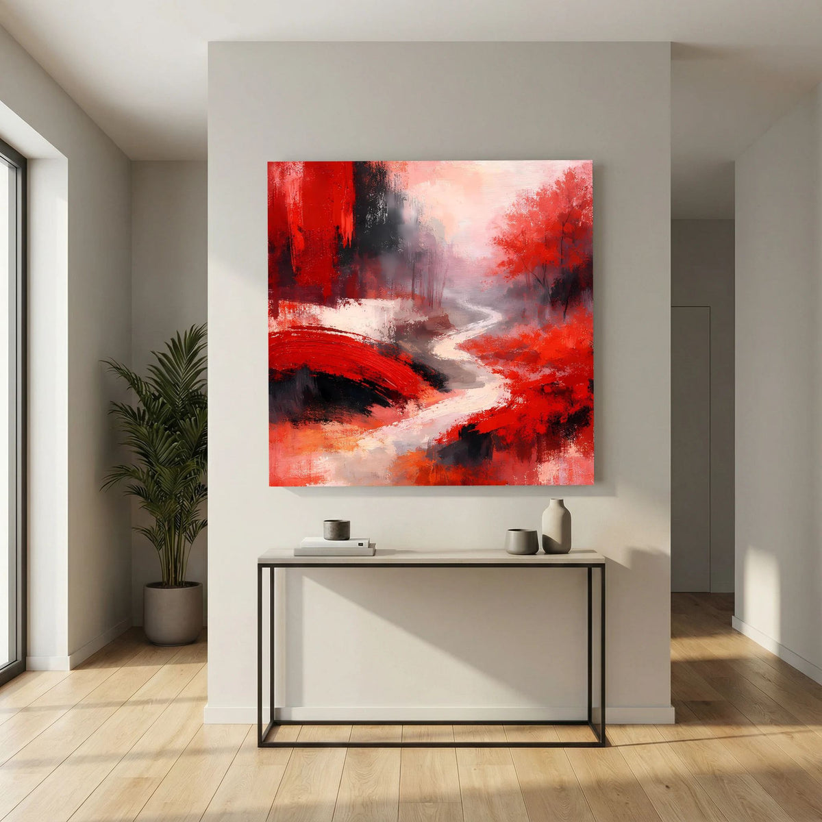 Leinwand-Wandbild mit rotem Brückenbogen, grauem Rauchschleier und weißer Spur