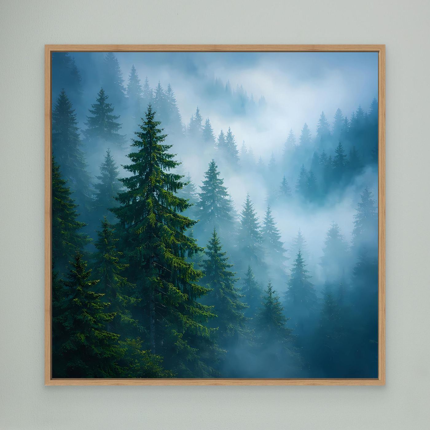 Leinwandbild Tannenwald im Nebel mit Eichenholzfarbenem Rahmen