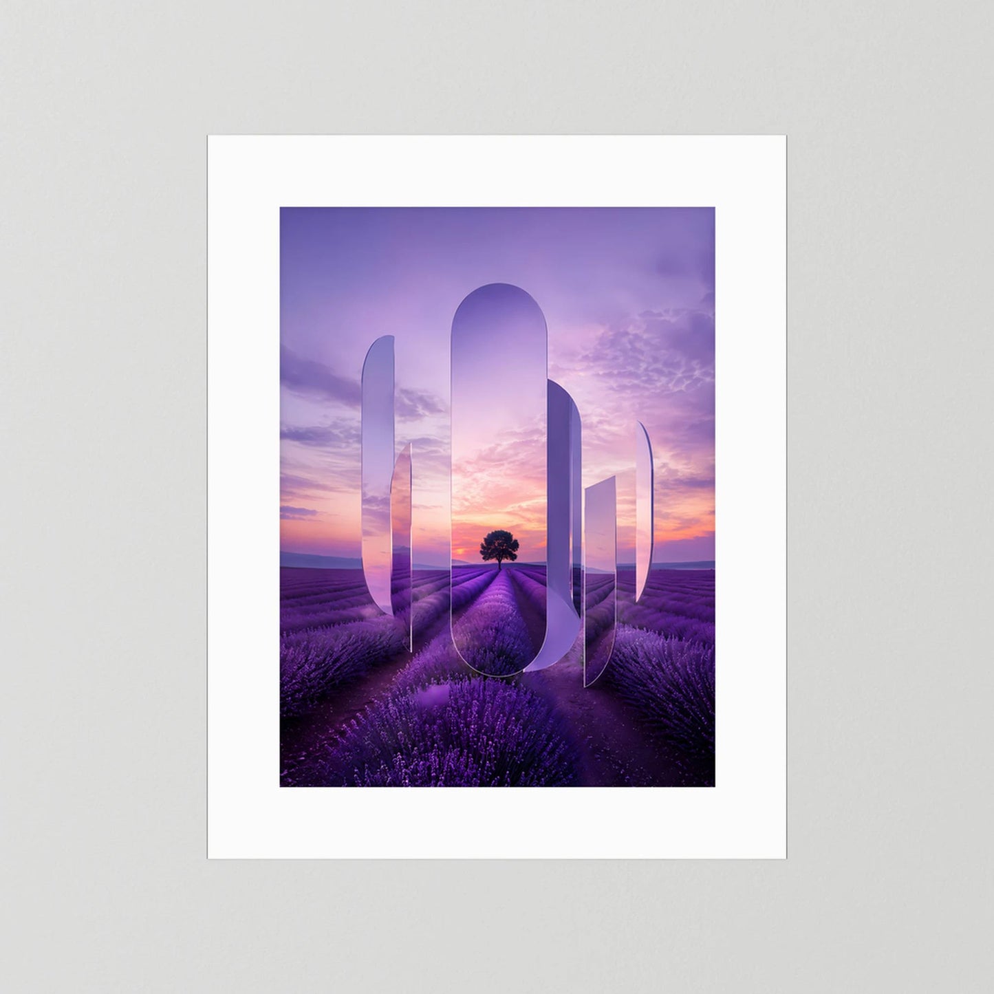 Poster im Hochformat mit weißem Passepartout und violettem Lavendelfeld-Sonnenuntergangsmotiv