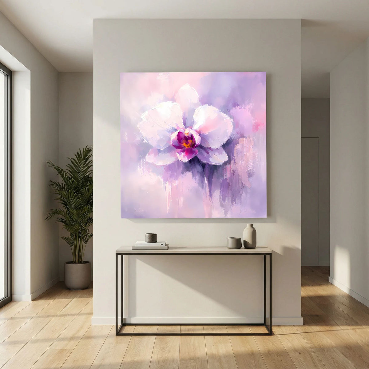 Quadratisches Leinwand-Wandbild mit abstrakter Orchideenblüte in zartem Pink und Violett
