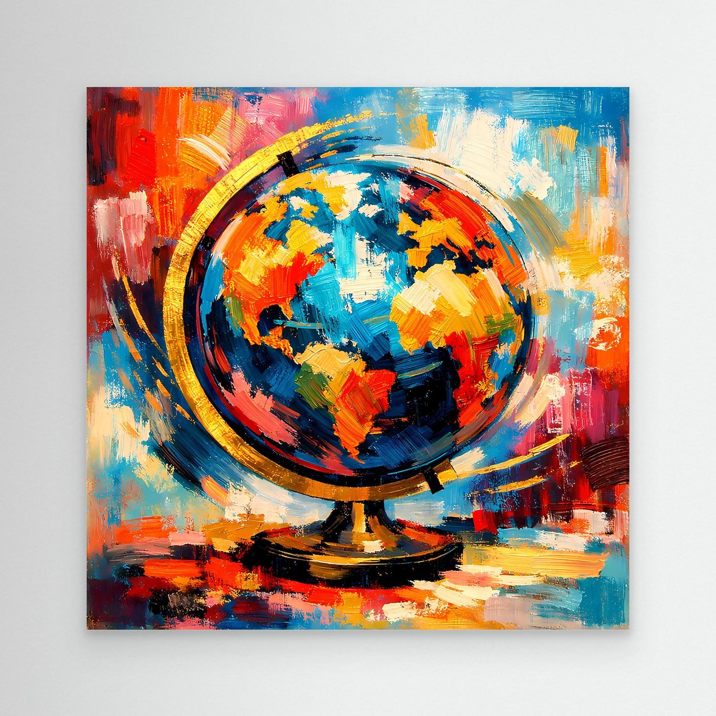 Leinwandbild mit abstraktem Globus, bunter Weltkarte und Pinselstruktur in Blau, Orange, Rot