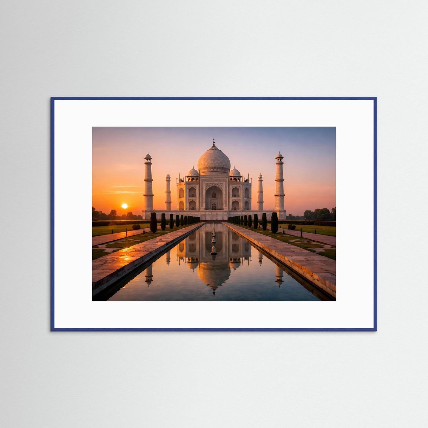 Poster mit Taj Mahal im Sonnenuntergang, blau gerahmt