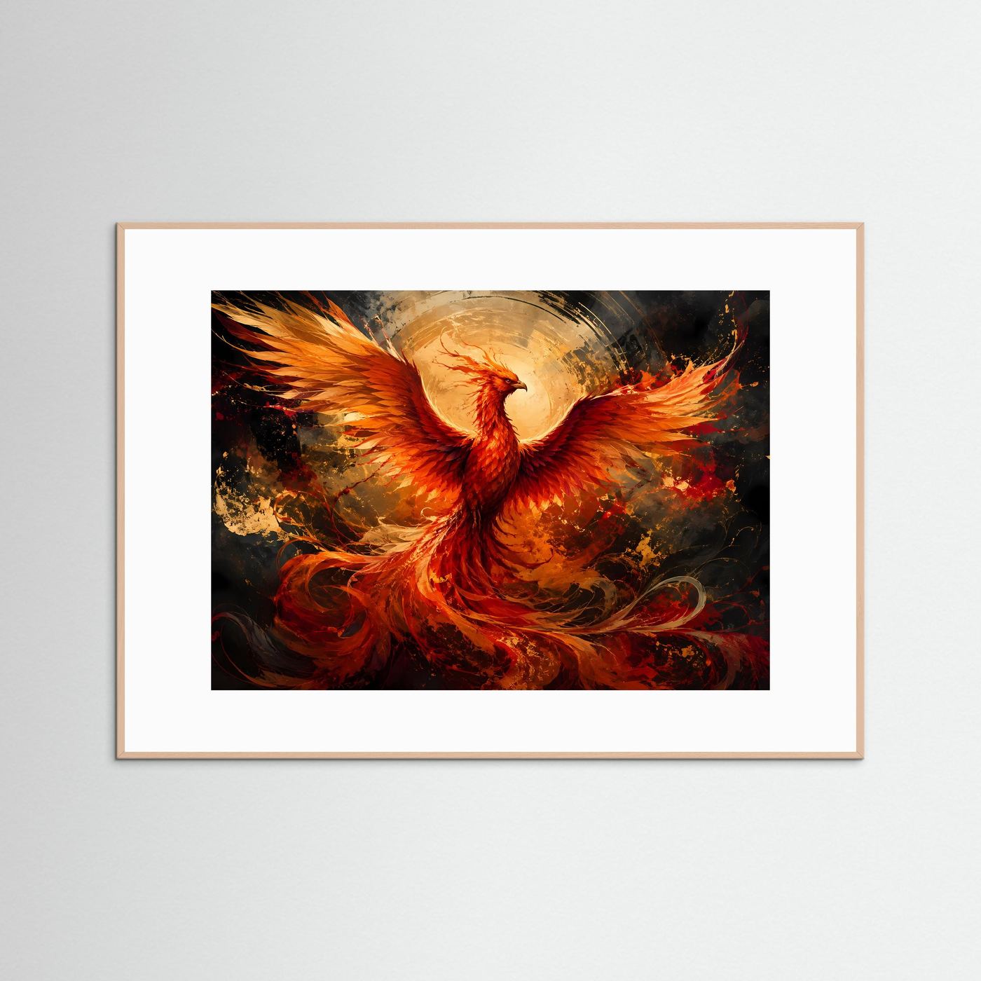 Gerahmte Wandkunst mit rotem und goldenem Phönix im flammenden Farbnebel, heller Holzrahmen