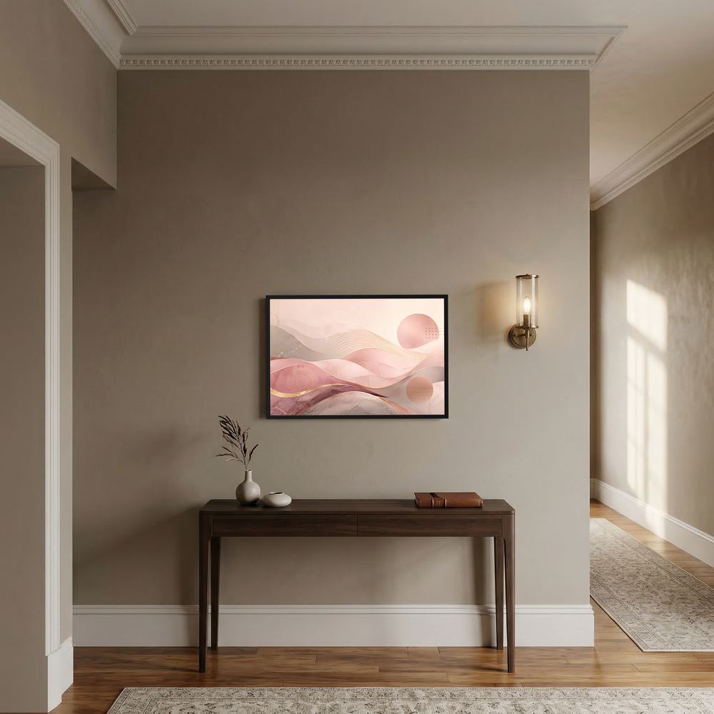 Gerahmtes Poster (Querformat) mit abstrakten Wellen in Rosa und Gold