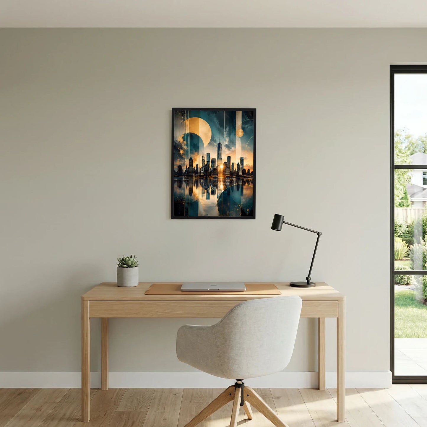 Hochformatiges Poster: abstrakte Manhattan-Skyline in Petrol und Gold, schwarze Einfassung