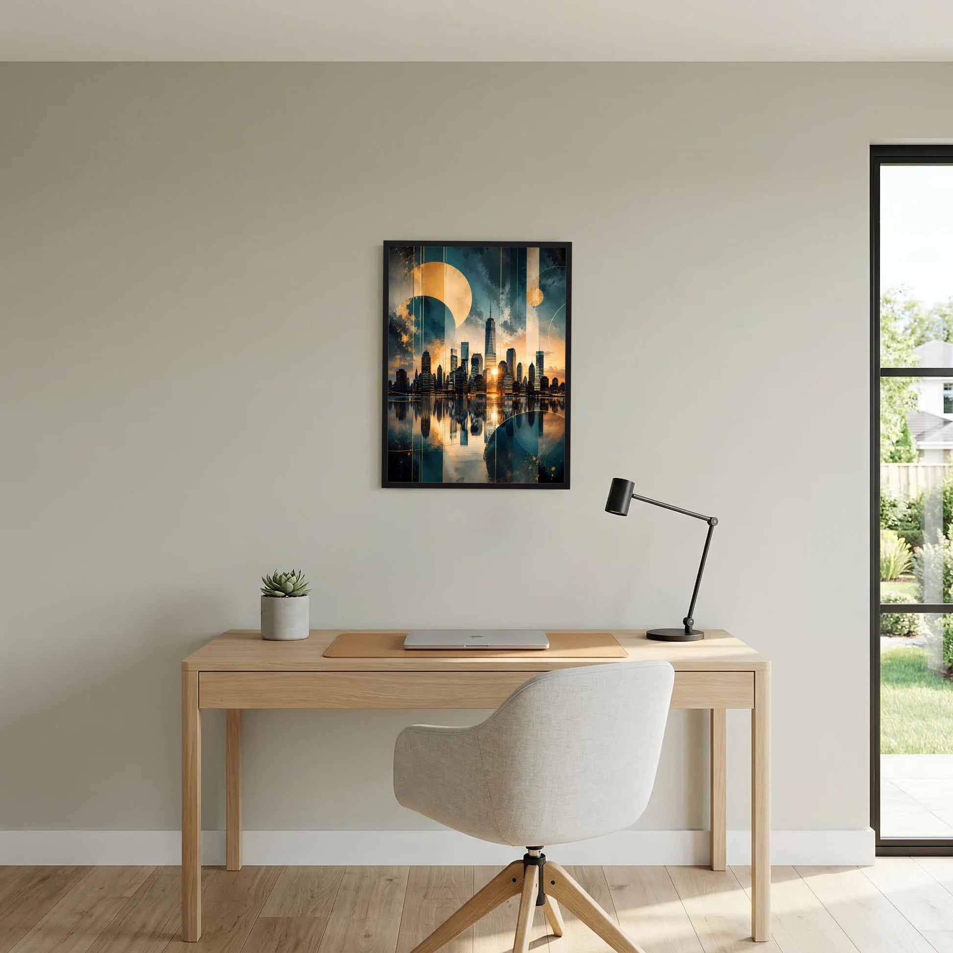 Hochformatiges Poster: abstrakte Manhattan-Skyline in Petrol und Gold, schwarze Einfassung