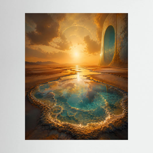 Hochformatiges Poster mit goldenem Portal und türkisfarbenem Quellbecken in Wüstenlandschaft