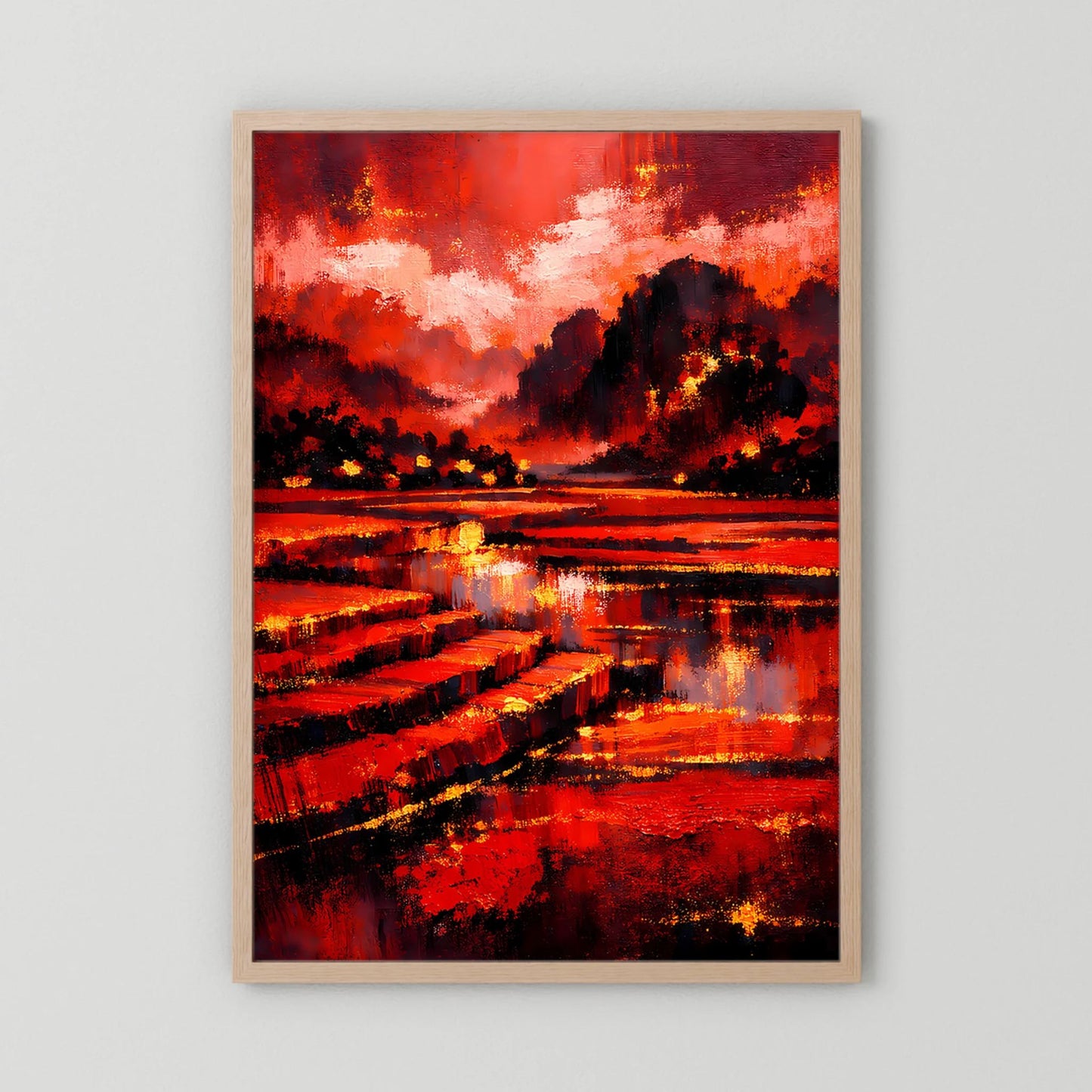 Kunstposter Hochformat mit hellem Holzrahmen, abstrakte Rot-Schwarz-Landschaft