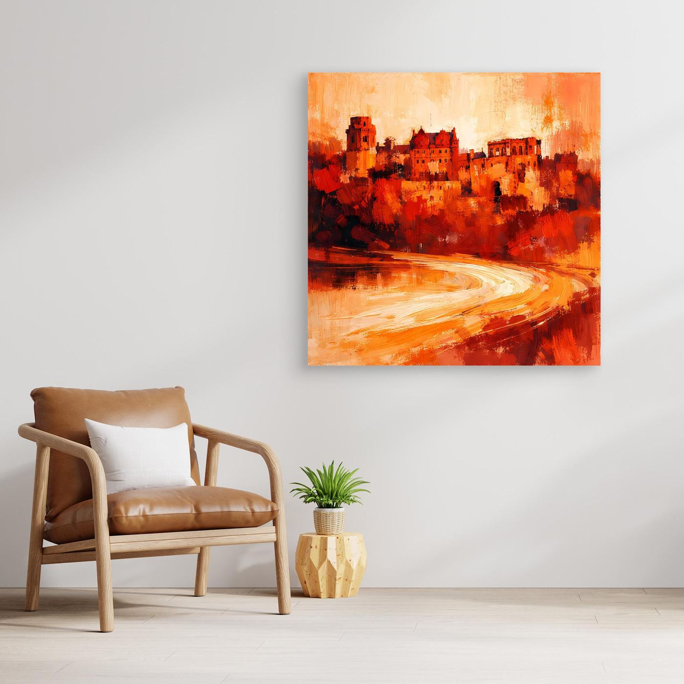 Leinwand Heidelberger Schloss im Abendlicht | Abstraktes Rot‑Ocker Wandbild mit Struktur und Tiefe
