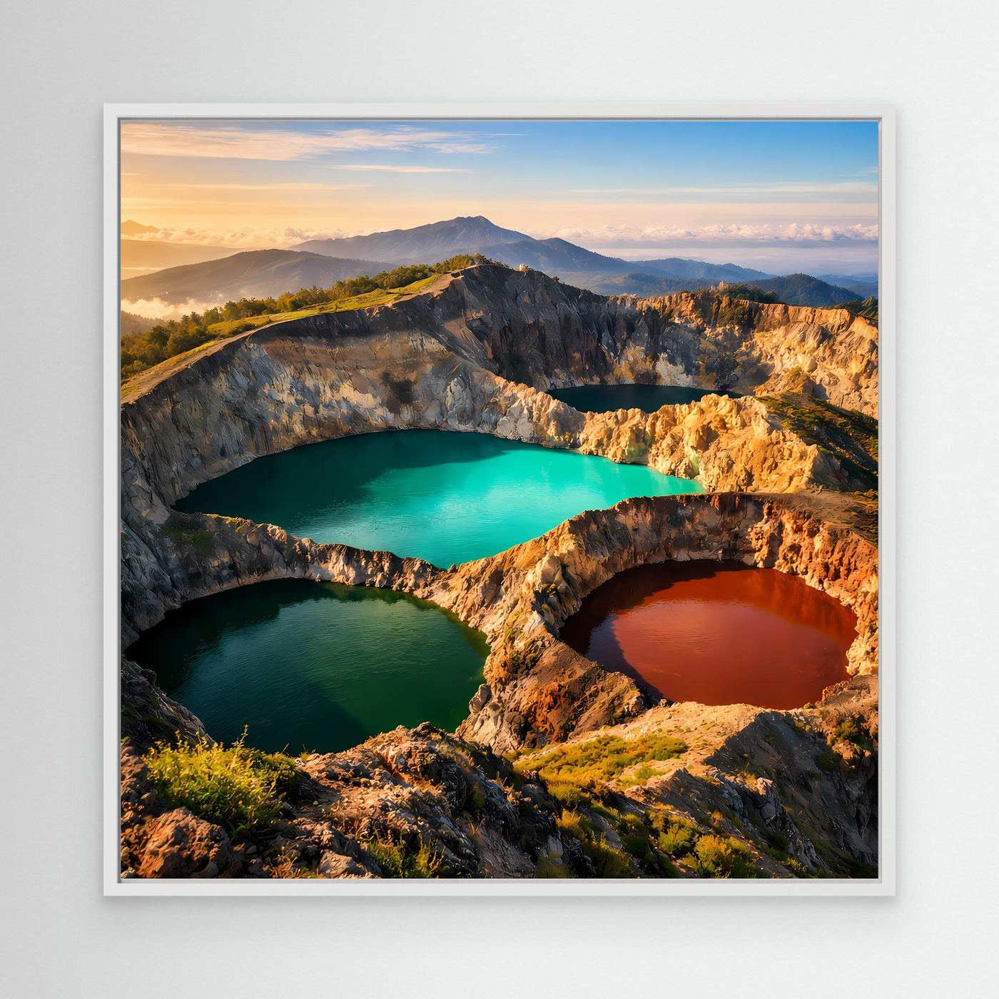 Leinwandbild: Vulkanlandschaft mit drei Kraterseen, ohne Rahmen
