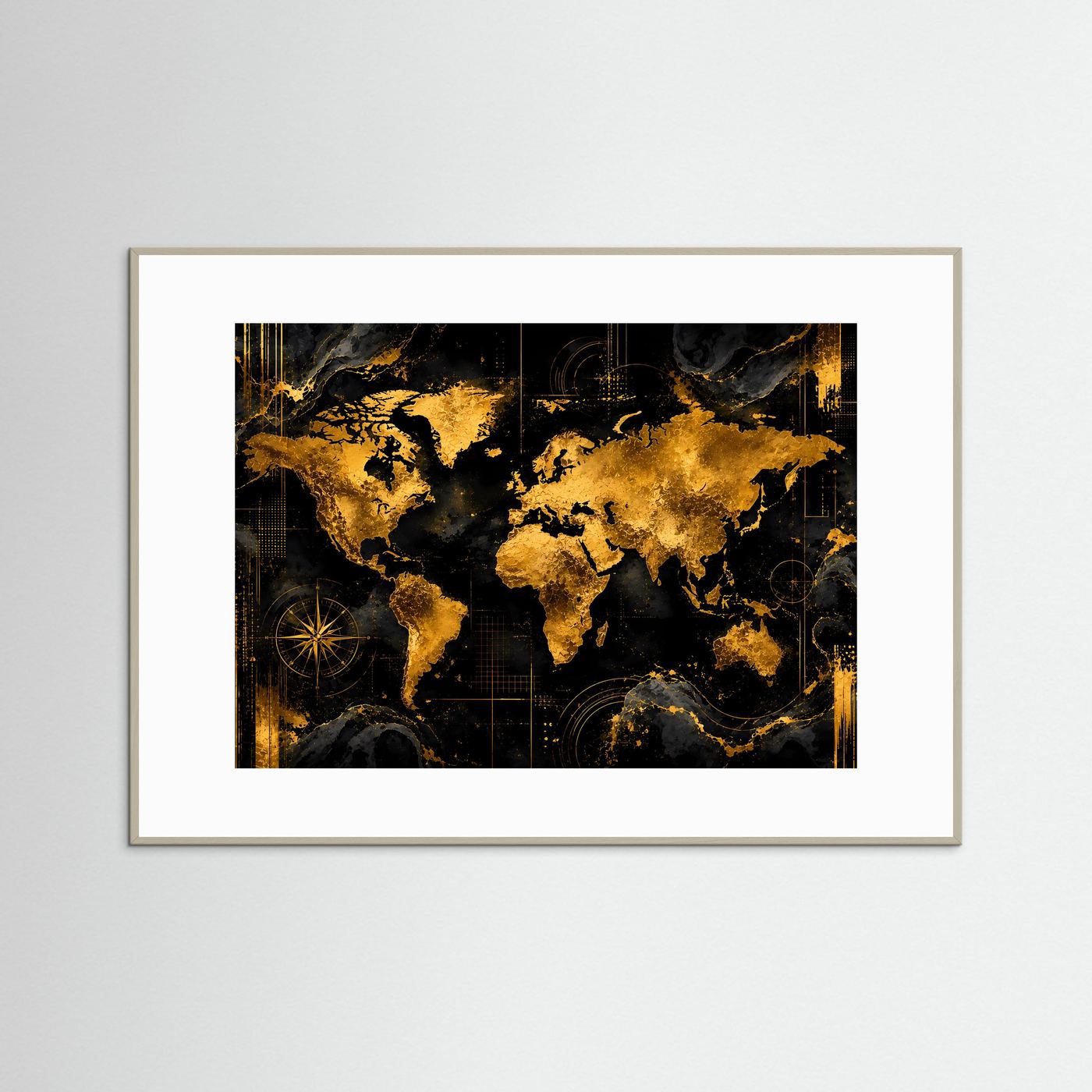 Weltkarte-Poster im grauen Rahmen, abstrakte Weltkarte in Schwarz und Gold, quer
