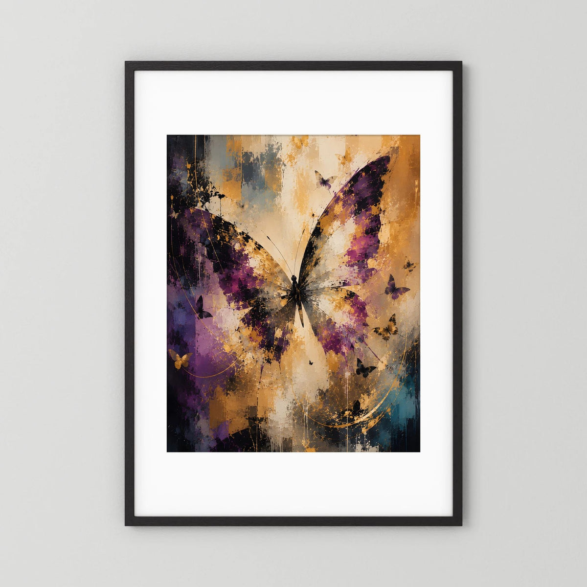 Hochformat-Kunstposter: Schmetterlinge Violett, Creme & Gold, weißes Passepartout