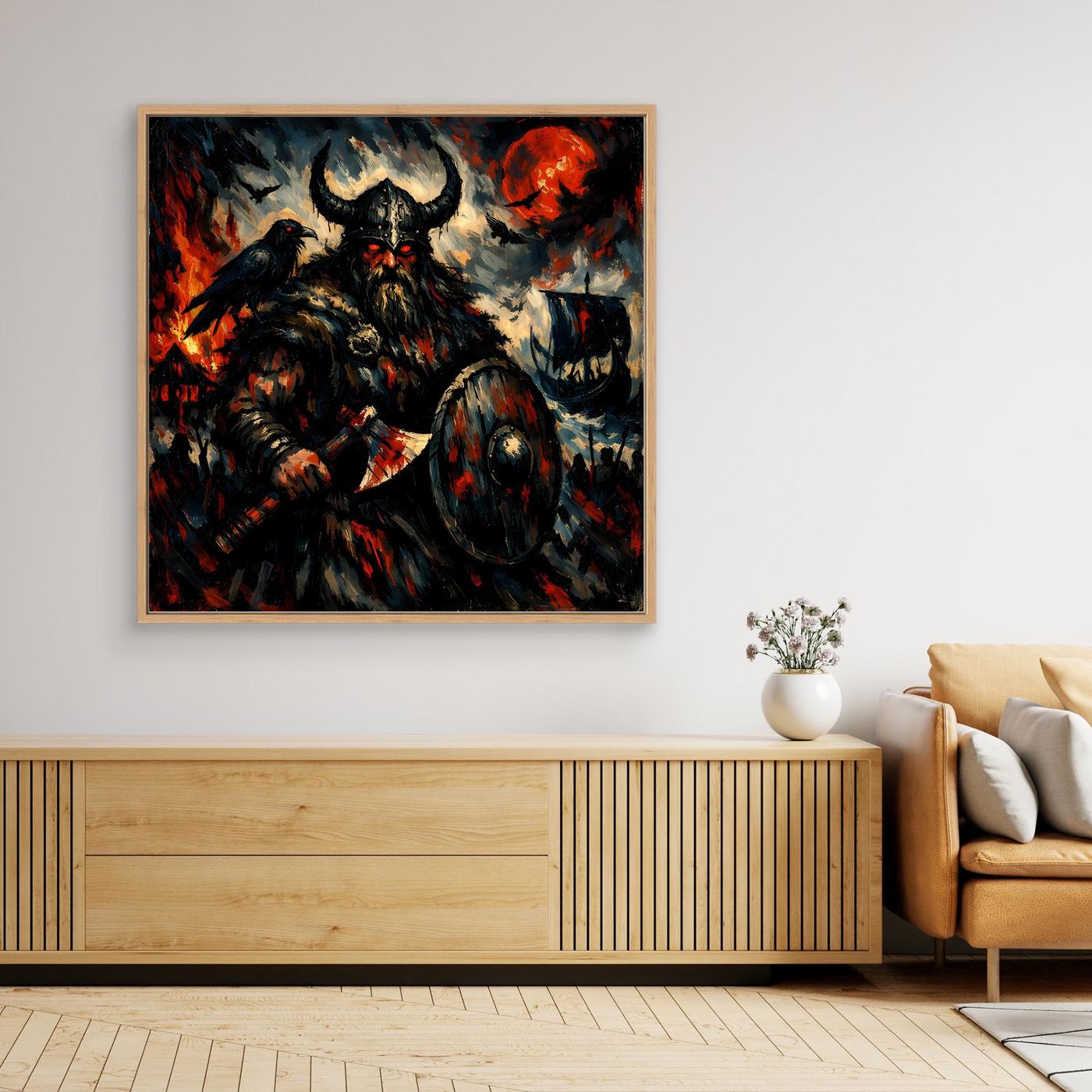 Leinwand Düsterer Wikinger-Krieger unter dem Blutmond | Expressives Nordmann Wandbild