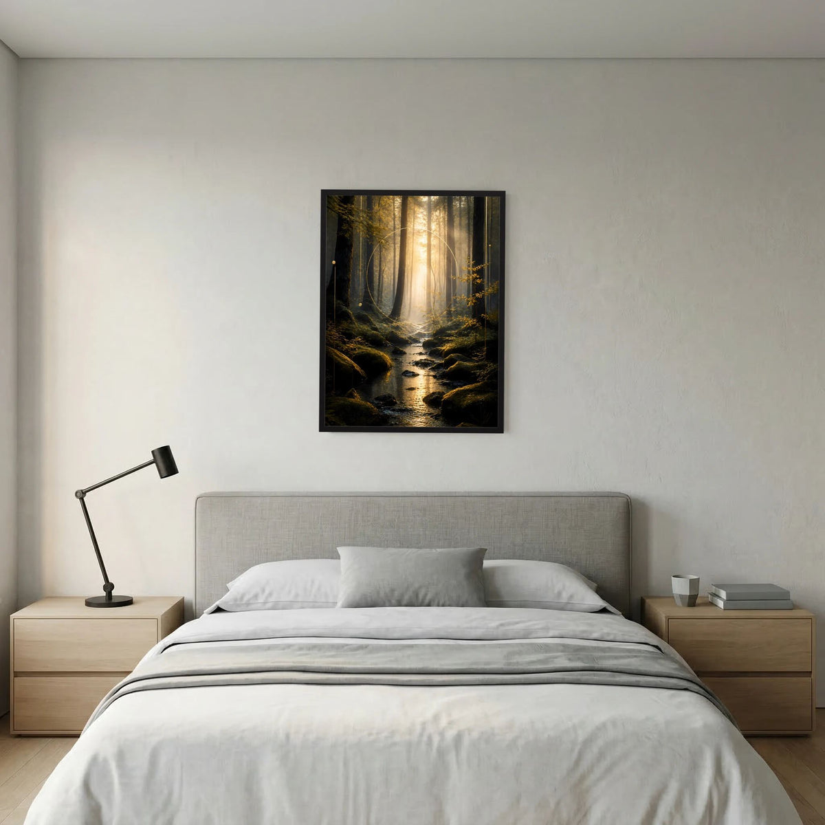 Hochformat-Poster: dunkler Waldweg mit Bach und goldenen Lichtstrahlen, schwarzer Rahmen